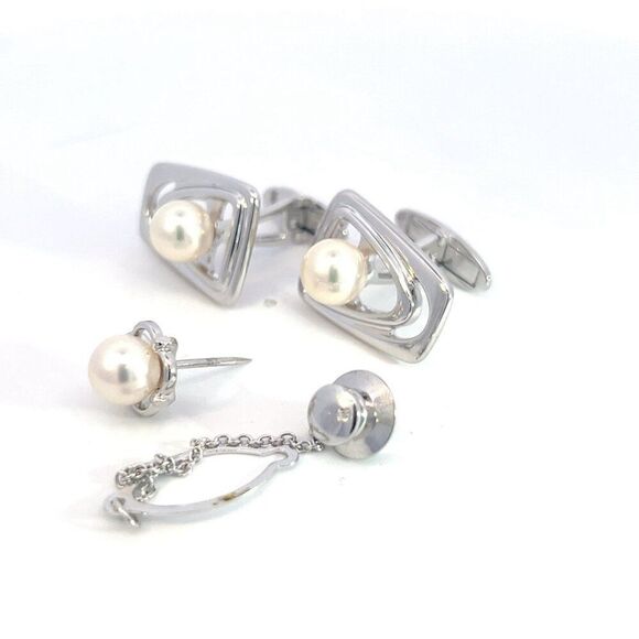 Mikimoto Estate Akoya Pearl Cufflinks + Tie Pin Set Sterling Silver 7.20 mm M384 - Picture 3 of 8